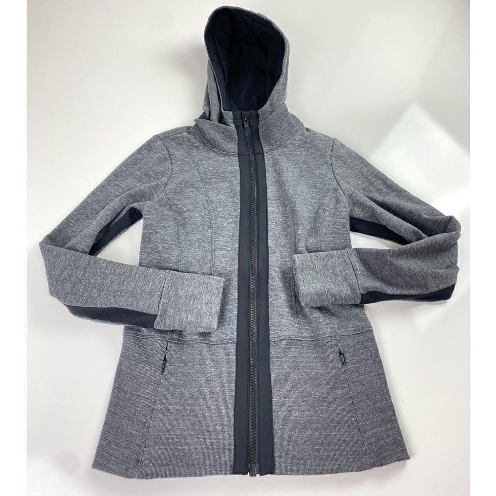 Athleta Lined Full Zip Hoodie Sweatshirt Womens XS Gray Black Stripe BF0385